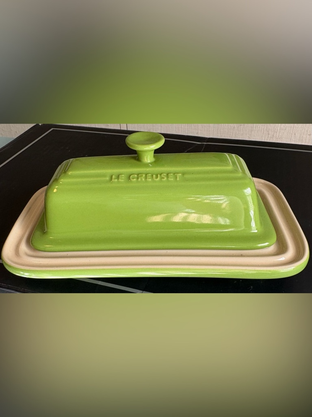 Le Creuset Lime Green Stoneware Butter Dish with Cream Base